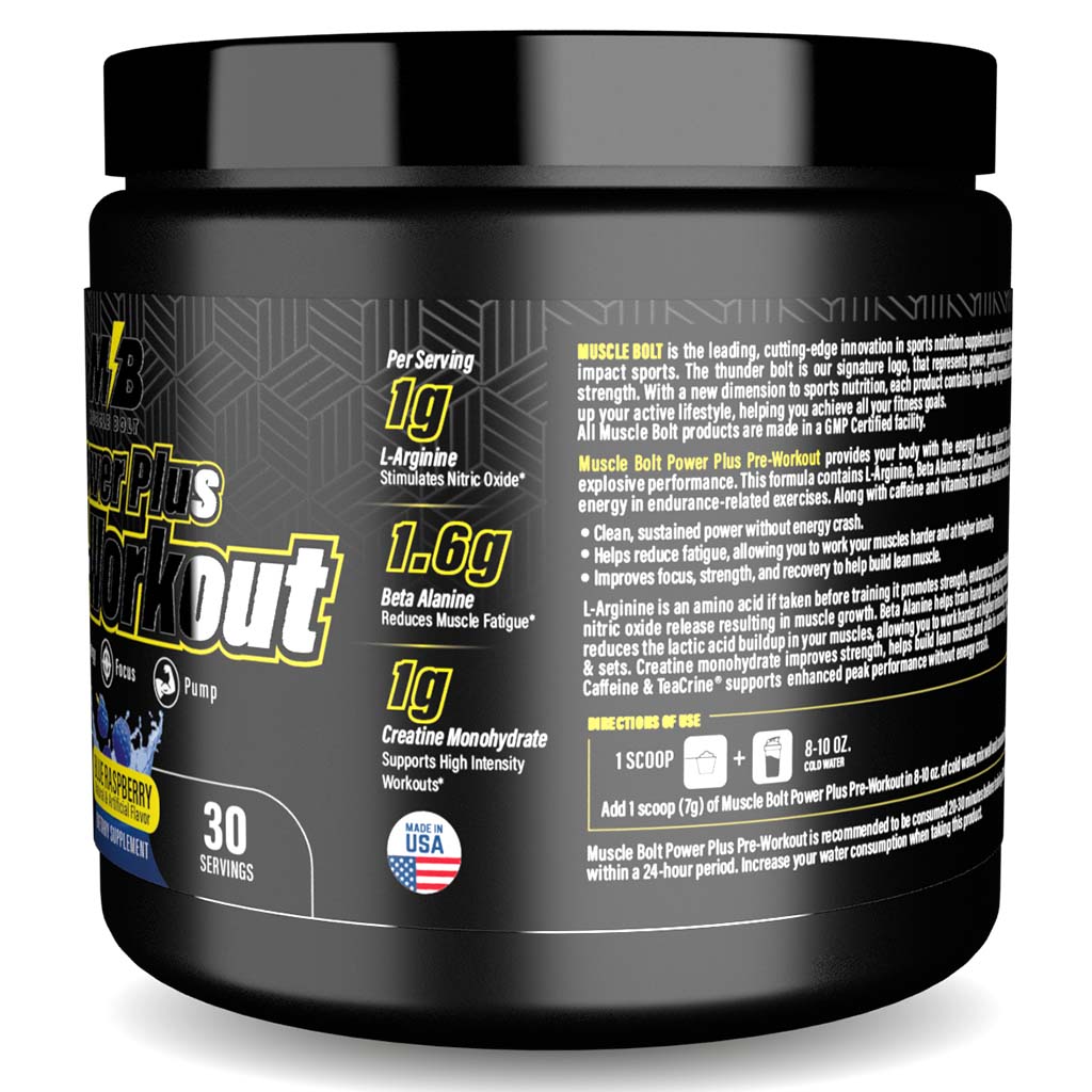 Muscle Bolt Power Plus Pre-Workout Supplement Powder With L- Arginine, Beta Alanine & Creatine Monohydrate - Blue Raspberry 210g - Easy Pharmacy LLC