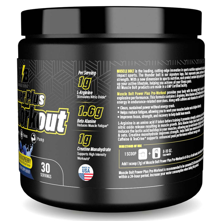 Muscle Bolt Power Plus Pre-Workout Supplement Powder With L- Arginine, Beta Alanine & Creatine Monohydrate - Blue Raspberry 210g - Easy Pharmacy LLC