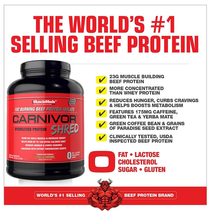 MuscleMeds Carnivor Shred Fat Burning Beef Protein Isolate Hydrolyzed Protein Powder, Vanilla Caramel Flavor 4lb - Easy Pharmacy LLC