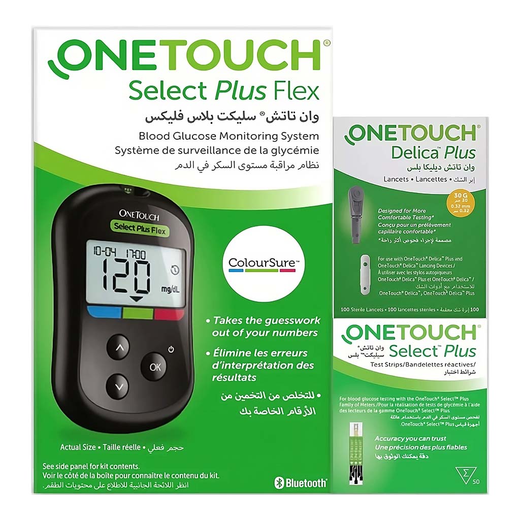 OneTouch Select Plus Flex Blood Glucose Monitoring System + OneTouch Select Plus Flex Test Strips, Pack of 50's + OneTouch Delica Plus Lancets, Pack of 100's OFFER PACK - Easy Pharmacy LLC