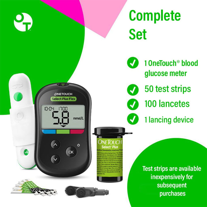 OneTouch Select Plus Flex Blood Glucose Monitoring System + OneTouch Select Plus Flex Test Strips, Pack of 50's + OneTouch Delica Plus Lancets, Pack of 100's OFFER PACK - Easy Pharmacy LLC