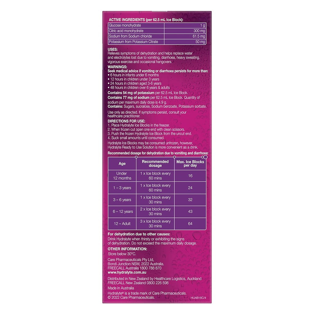 Hydralyte 62.5ml Electrolyte Ice Blocks For Dehydration, Apple Blackcurrant Flavor, Pack of 16's - Easy Pharmacy LLC