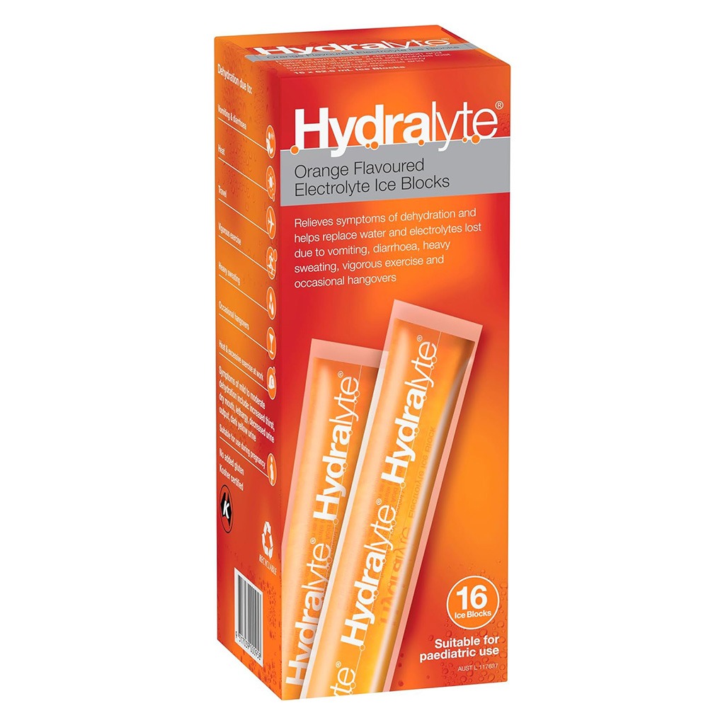 Hydralyte 62.5ml Electrolyte Ice Blocks For Dehydration, Orange Flavor, Pack of 16's - Easy Pharmacy LLC