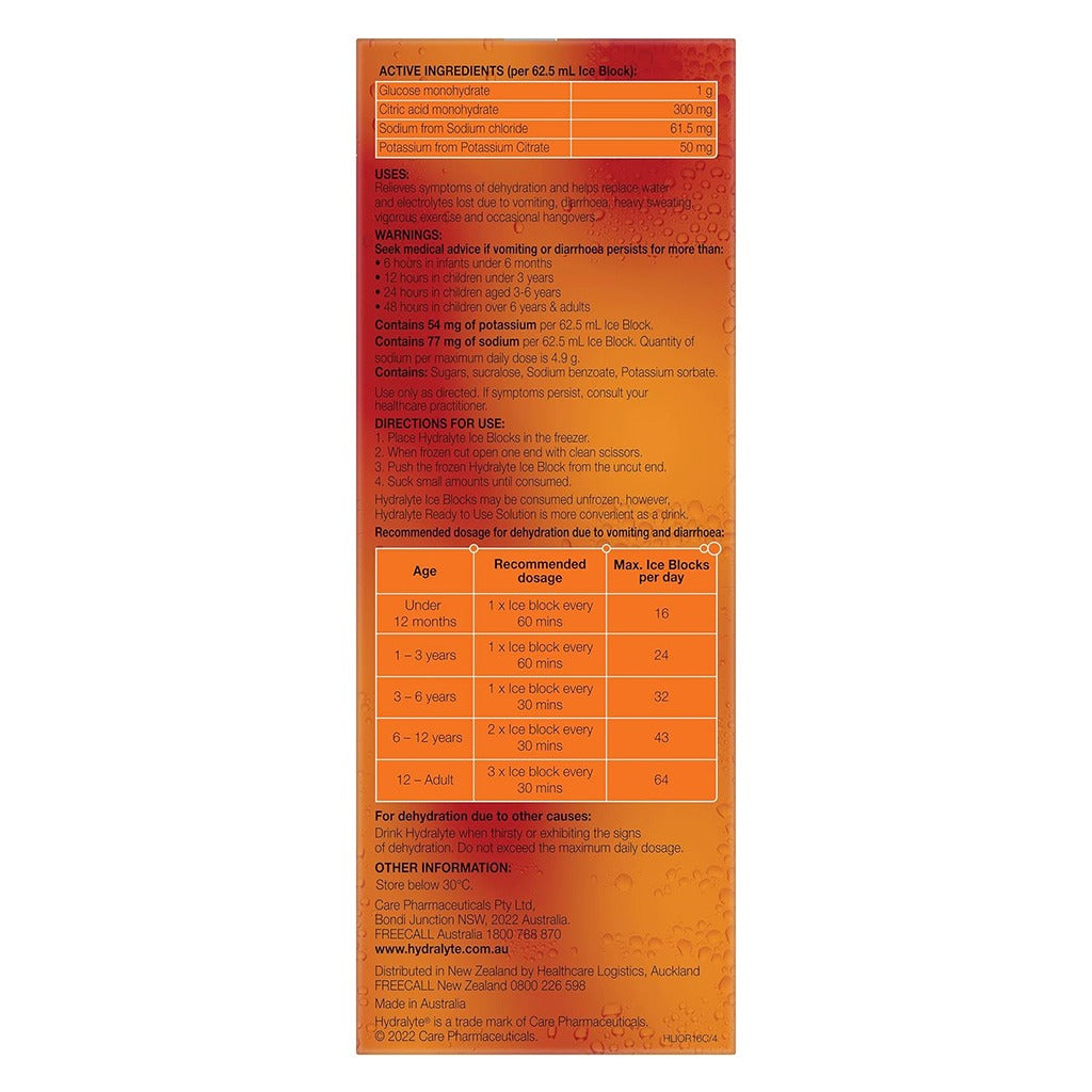 Hydralyte 62.5ml Electrolyte Ice Blocks For Dehydration, Orange Flavor, Pack of 16's - Easy Pharmacy LLC