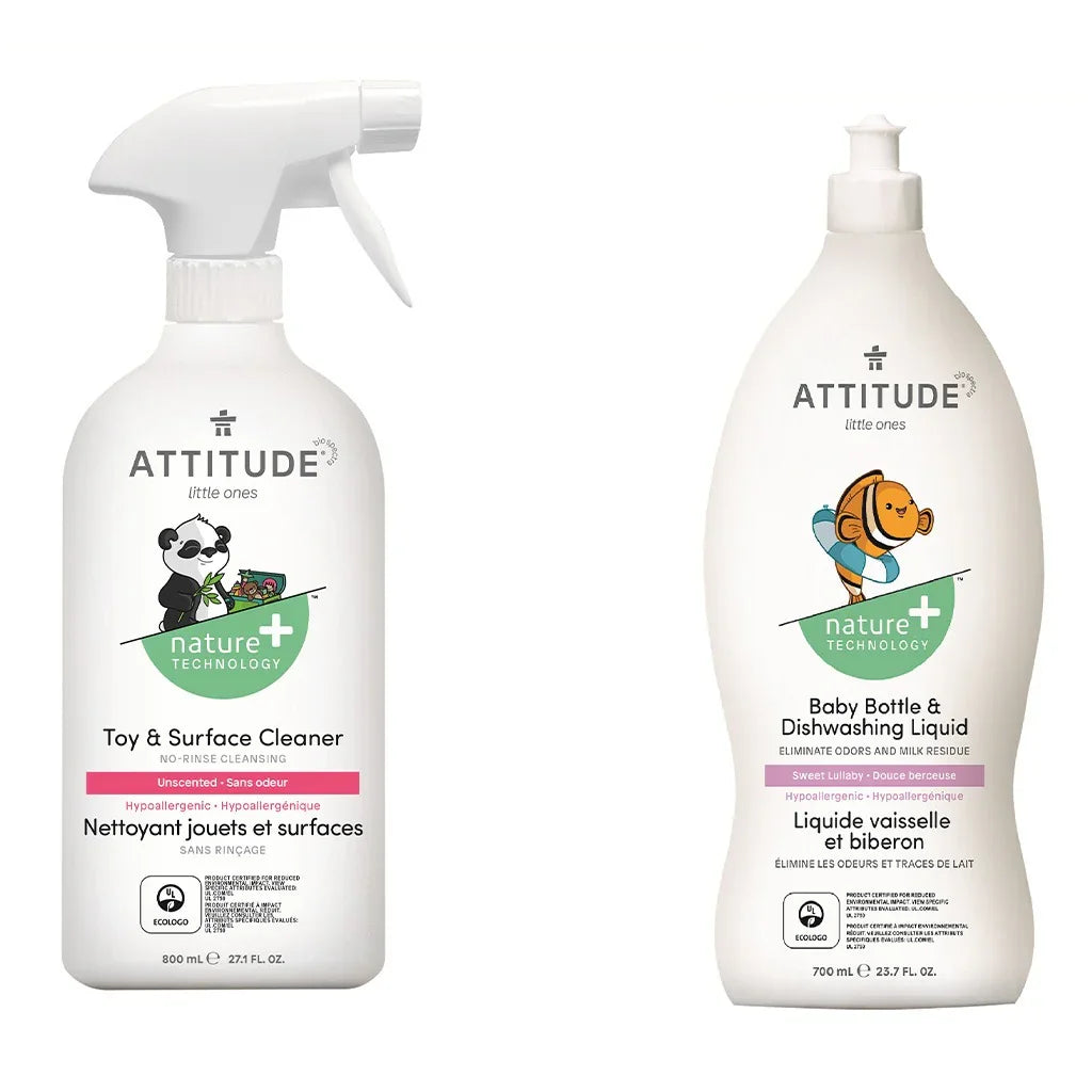 Attitude Little Ones Nature+ Technology Unscented Rinse-Free Toy & Surface Cleaner 800ml + Attitude Little Ones Nature+ Technology Baby Bottle & Dishwashing Liquid - Sweet Lullaby 700ml, Combo Pack of 2 Pieces - Easy Pharmacy LLC
