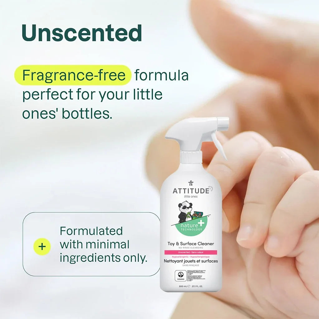 Attitude Little Ones Nature+ Technology Unscented Rinse-Free Toy & Surface Cleaner 800ml + Attitude Little Ones Nature+ Technology Baby Bottle & Dishwashing Liquid - Sweet Lullaby 700ml, Combo Pack of 2 Pieces - Easy Pharmacy LLC