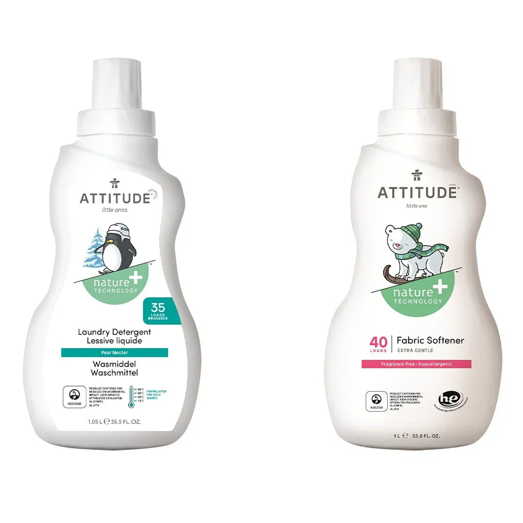 Attitude Little Ones Nature+ Technology Extra Gentle Fragrance-Free Baby Fabric Softener, 40 Loads, 1000ml + Attitude Little Ones Nature+ Technology Baby Laundry Detergent- Pear Nectar, 35 Loads, 1050ml, Combo Pack of 2 Pieces - Easy Pharmacy LLC
