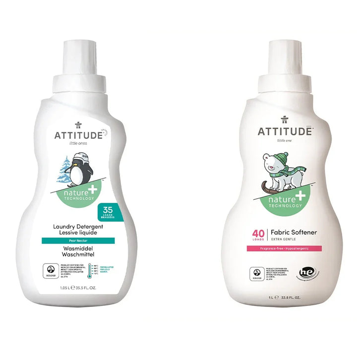 Attitude Little Ones Nature+ Technology Extra Gentle Fragrance-Free Baby Fabric Softener, 40 Loads, 1000ml + Attitude Little Ones Nature+ Technology Baby Laundry Detergent- Pear Nectar, 35 Loads, 1050ml, Combo Pack of 2 Pieces - Easy Pharmacy LLC
