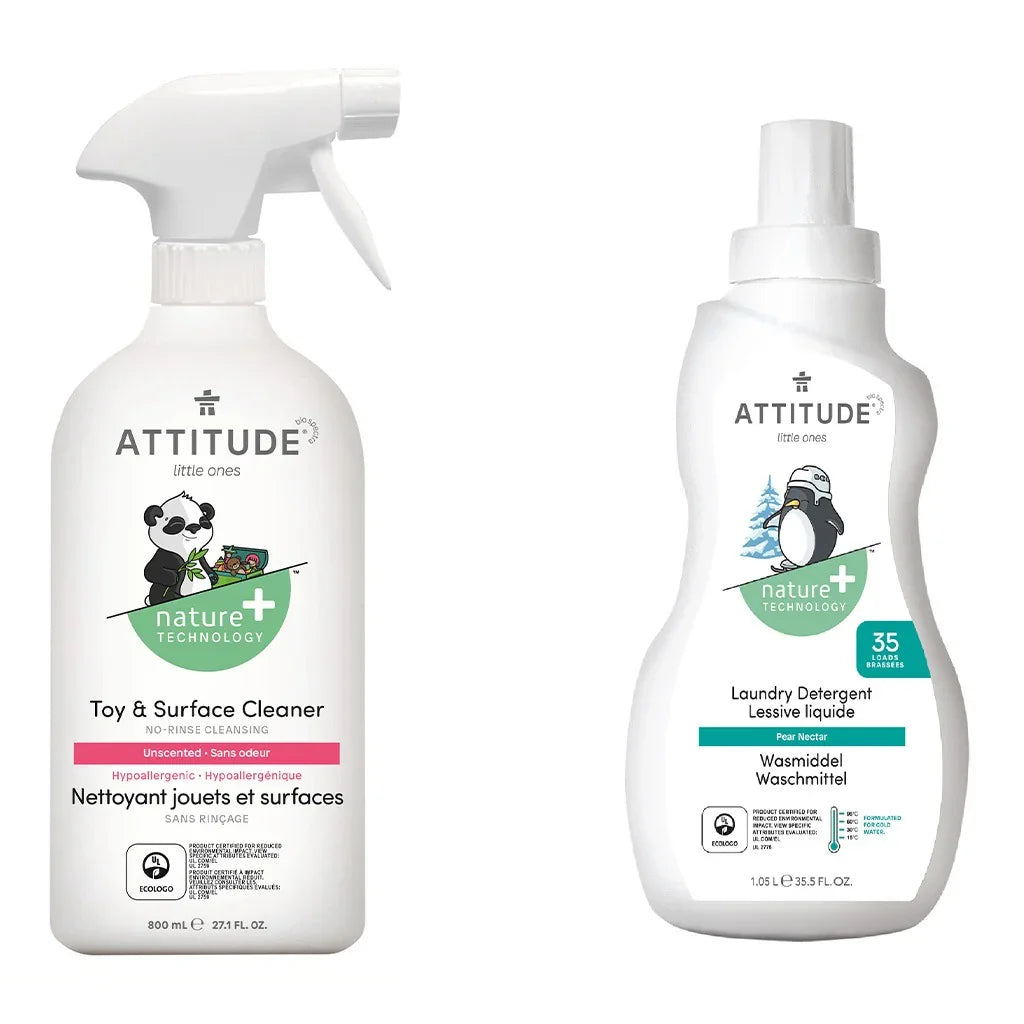 Attitude Little Ones Nature+ Technology Baby Laundry Detergent- Pear Nectar, 35 Loads, 1050ml, Attitude Little Ones Nature+ Technology Unscented Rinse-Free Toy & Surface Cleaner 800ml, Combo Pack of 2 Pieces - Easy Pharmacy LLC
