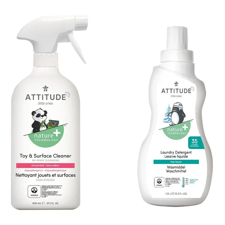 Attitude Little Ones Nature+ Technology Baby Laundry Detergent- Pear Nectar, 35 Loads, 1050ml, Attitude Little Ones Nature+ Technology Unscented Rinse-Free Toy & Surface Cleaner 800ml, Combo Pack of 2 Pieces - Easy Pharmacy LLC