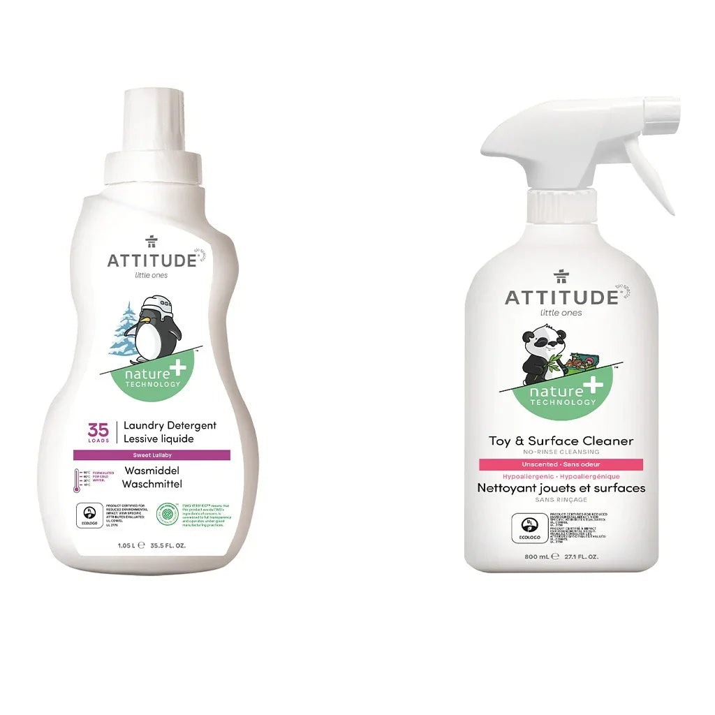 Attitude Little Ones Nature+ Technology Baby Laundry Detergent - Sweet Lullaby, 35 Loads, 1050ml, Attitude Little Ones Nature+ Technology Unscented Rinse-Free Toy & Surface Cleaner 800ml, Combo Pack of 2 Pieces - Easy Pharmacy LLC