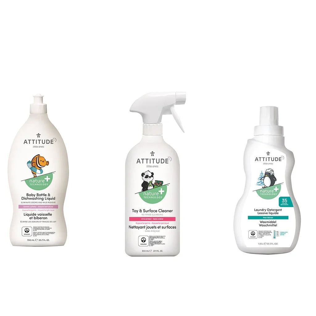 Attitude Bundle, Baby Laundry Detergent, Pear Nectar 1050ml + Unscented Rinse-Free Toy & Surface Cleaner 800ml + Baby Bottle & Dishwashing Liquid, Sweet Lullaby 700ml, Pack of 3 Pieces - Easy Pharmacy LLC