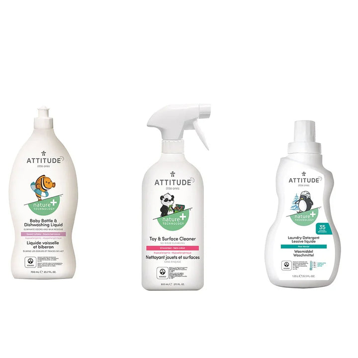 Attitude Bundle, Baby Laundry Detergent, Pear Nectar 1050ml + Unscented Rinse-Free Toy & Surface Cleaner 800ml + Baby Bottle & Dishwashing Liquid, Sweet Lullaby 700ml, Pack of 3 Pieces - Easy Pharmacy LLC