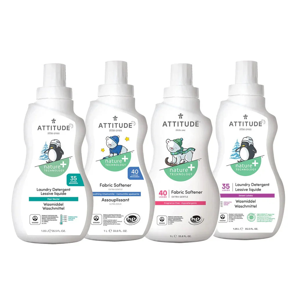 Attitude Bundle, Baby Fabric Softener, Fragrance Free 1000ml + Baby Fabric Softener, Soothing Chamomile 1000ml + Baby Laundry Detergent, Pear Nectar 1050ml + Baby Laundry Detergent, Sweet Lullaby 1050ml, Pack of 4 Pieces - Easy Pharmacy LLC