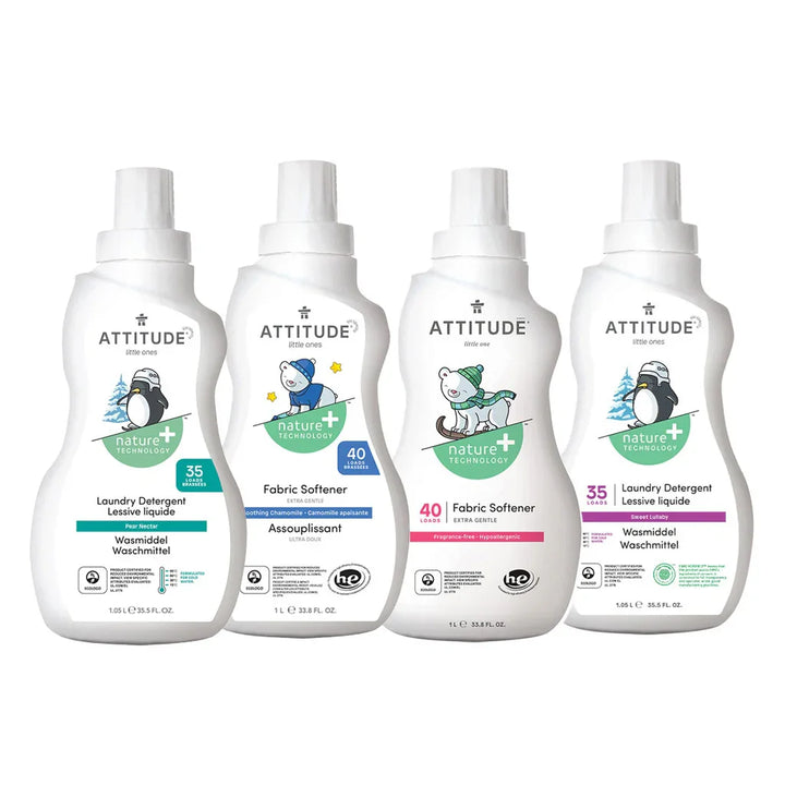Attitude Bundle, Baby Fabric Softener, Fragrance Free 1000ml + Baby Fabric Softener, Soothing Chamomile 1000ml + Baby Laundry Detergent, Pear Nectar 1050ml + Baby Laundry Detergent, Sweet Lullaby 1050ml, Pack of 4 Pieces - Easy Pharmacy LLC