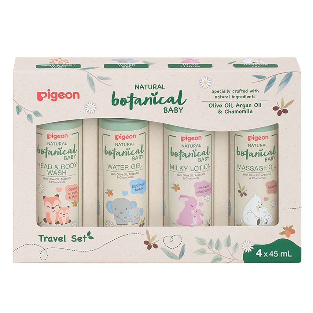 Pigeon Natural Botanical Baby Travel Set With Head & Body Wash, Water Gel, Milky Lotion & Massage Oil, Pack of 4 Pieces - Easy Pharmacy LLC