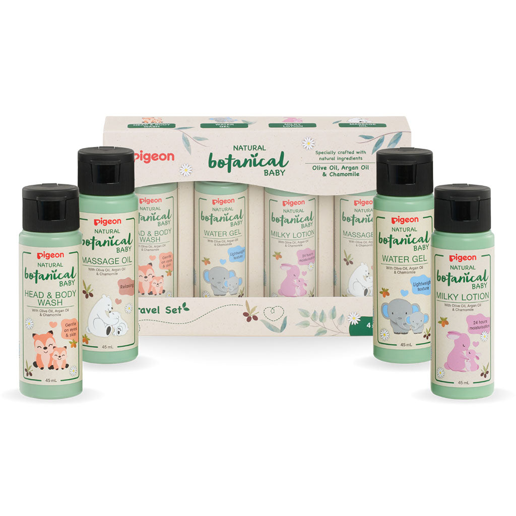 Pigeon Natural Botanical Baby Travel Set With Head & Body Wash, Water Gel, Milky Lotion & Massage Oil, Pack of 4 Pieces - Easy Pharmacy LLC