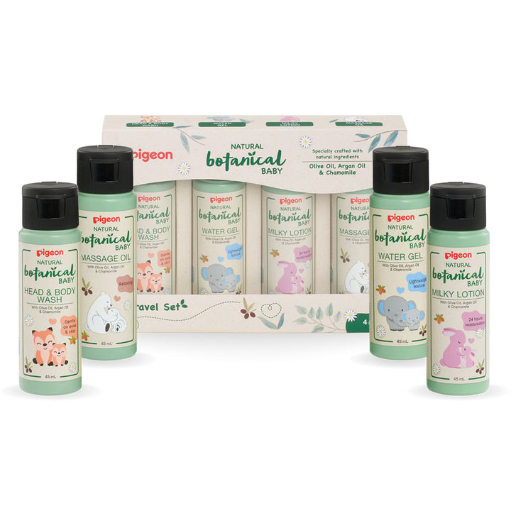 Pigeon Natural Botanical Baby Travel Set With Head & Body Wash, Water Gel, Milky Lotion & Massage Oil, Pack of 4 Pieces - Easy Pharmacy LLC