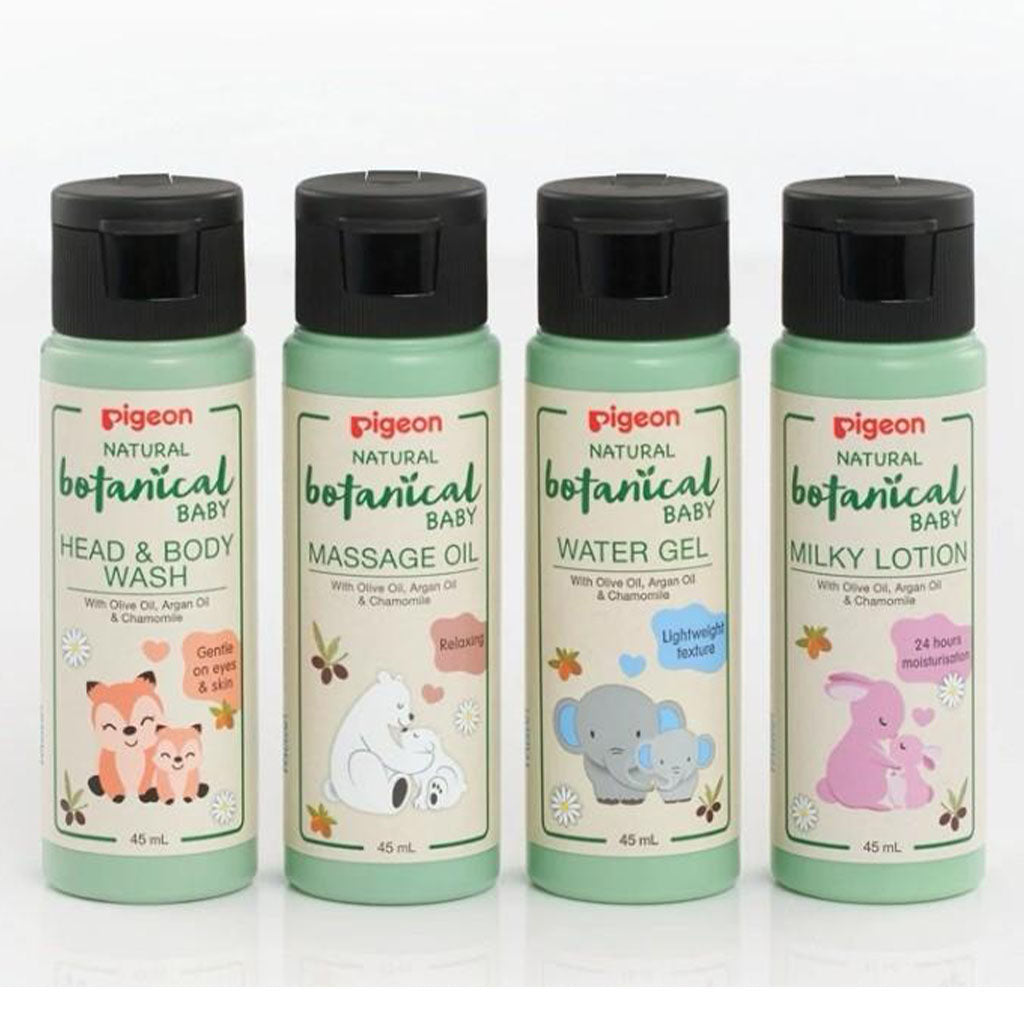 Pigeon Natural Botanical Baby Travel Set With Head & Body Wash, Water Gel, Milky Lotion & Massage Oil, Pack of 4 Pieces - Easy Pharmacy LLC