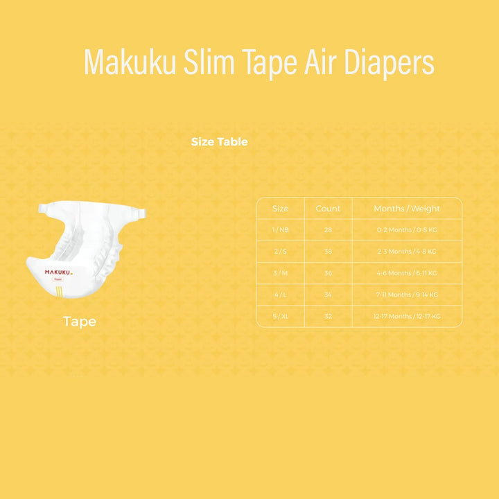 Makuku Slim Tape Air Diapers, Size 2, Small For 4-8Kg Baby, Pack of 38's - Easy Pharmacy LLC