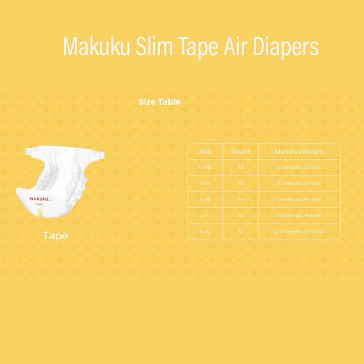 Makuku Slim Tape Air Diapers, Size 5, X-Large For 12-17Kg Baby, Pack of 32's - Easy Pharmacy LLC