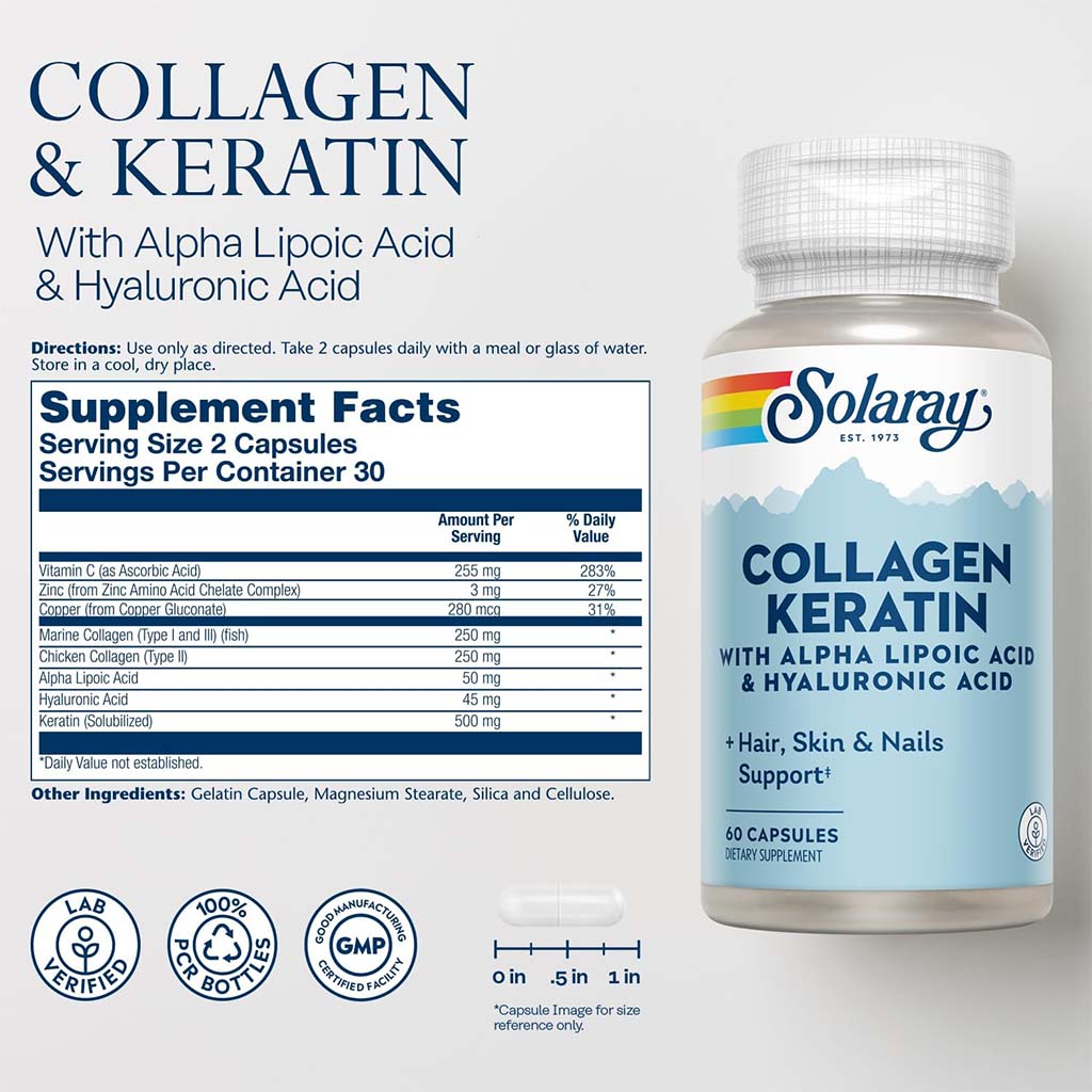 Solaray Collagen Keratin Capsules With Alpha Lipoic Acid & Hyaluronic Acid For Hair, Skin, & Nails, Pack of 60's - Easy Pharmacy LLC