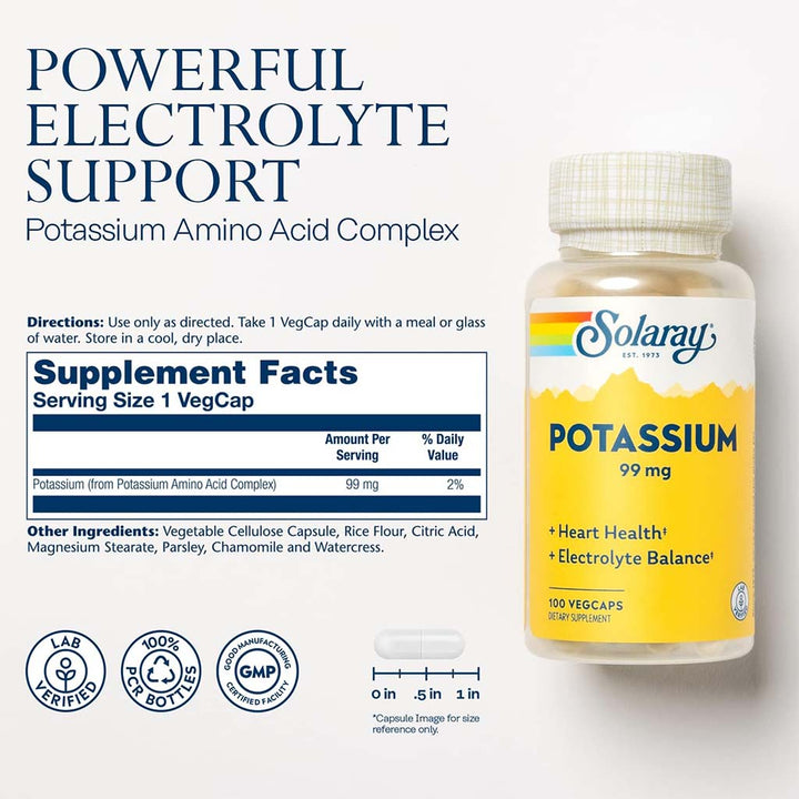 Solaray Potassium 99mg Veg Capsules For Heart Health & Electrolyte Balance, Pack of 100's - Easy Pharmacy LLC