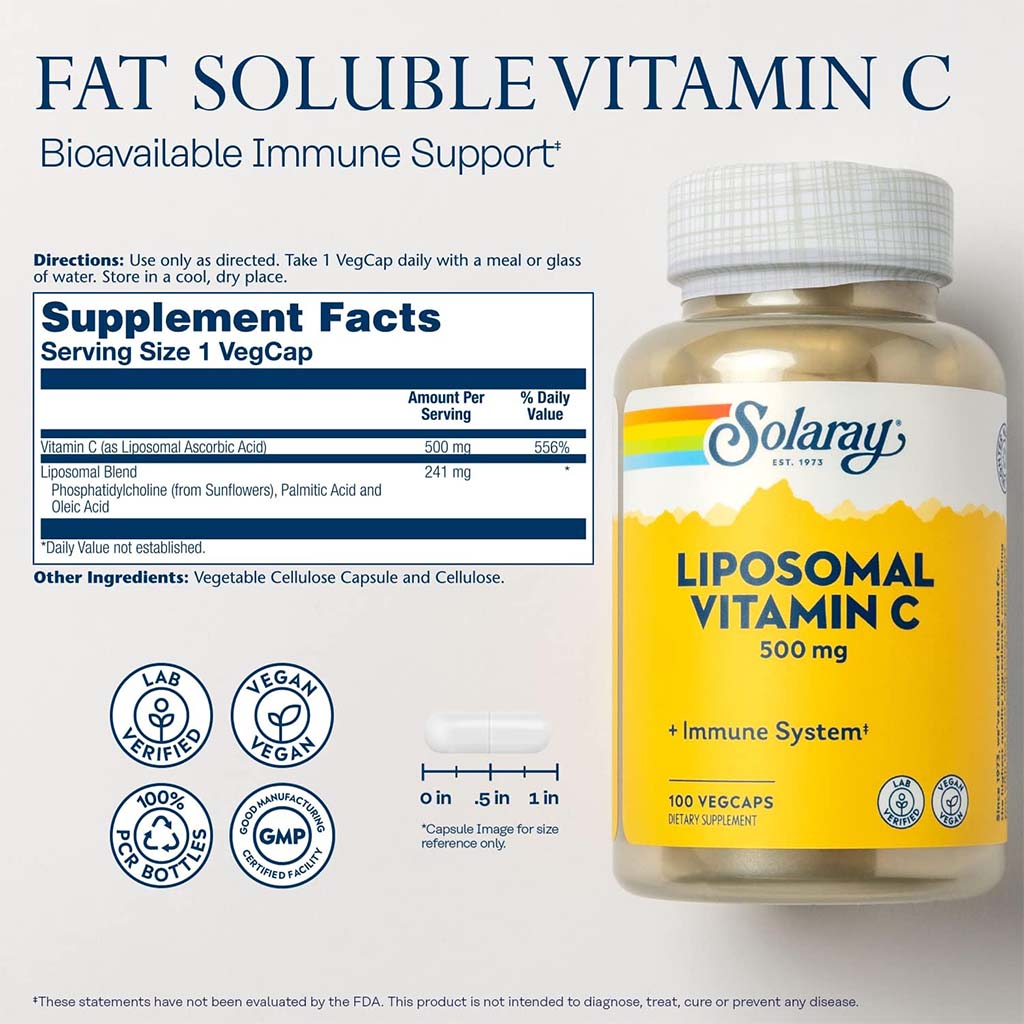 Solaray Liposomal Vitamin C 500mg Veg Capsules For Healthy Immune System, Pack of 100's - Easy Pharmacy LLC