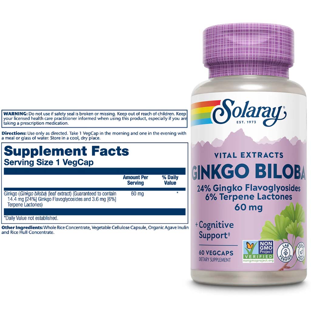 Solaray Ginkgo Biloba Leaf Extract 60mg Veg Capsules For Cognitive Support, Pack of 60's - Easy Pharmacy LLC