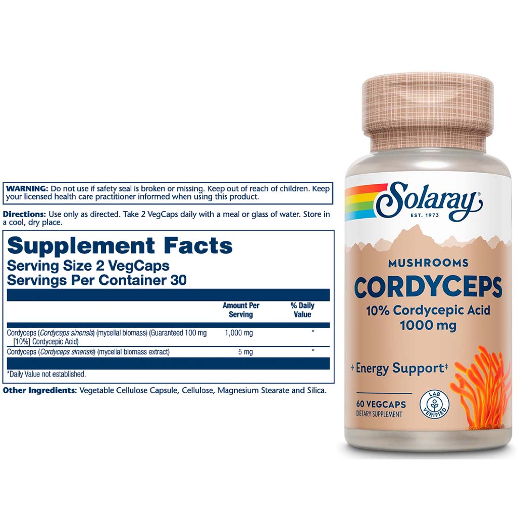 Solaray Mushrooms Cordyceps 10% Cordysepic Acid 1000mg Veg Capsules For Energy Support, Pack of 60's - Easy Pharmacy LLC