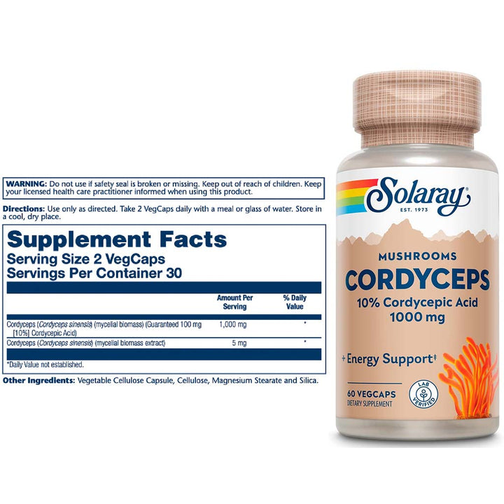 Solaray Mushrooms Cordyceps 10% Cordysepic Acid 1000mg Veg Capsules For Energy Support, Pack of 60's - Easy Pharmacy LLC