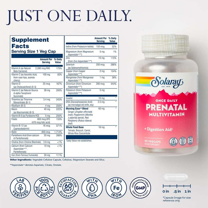Solaray Once Daily Prenatal Multivitamin Veg Capsules With DHA & Iron, Pack of 90's - Easy Pharmacy LLC