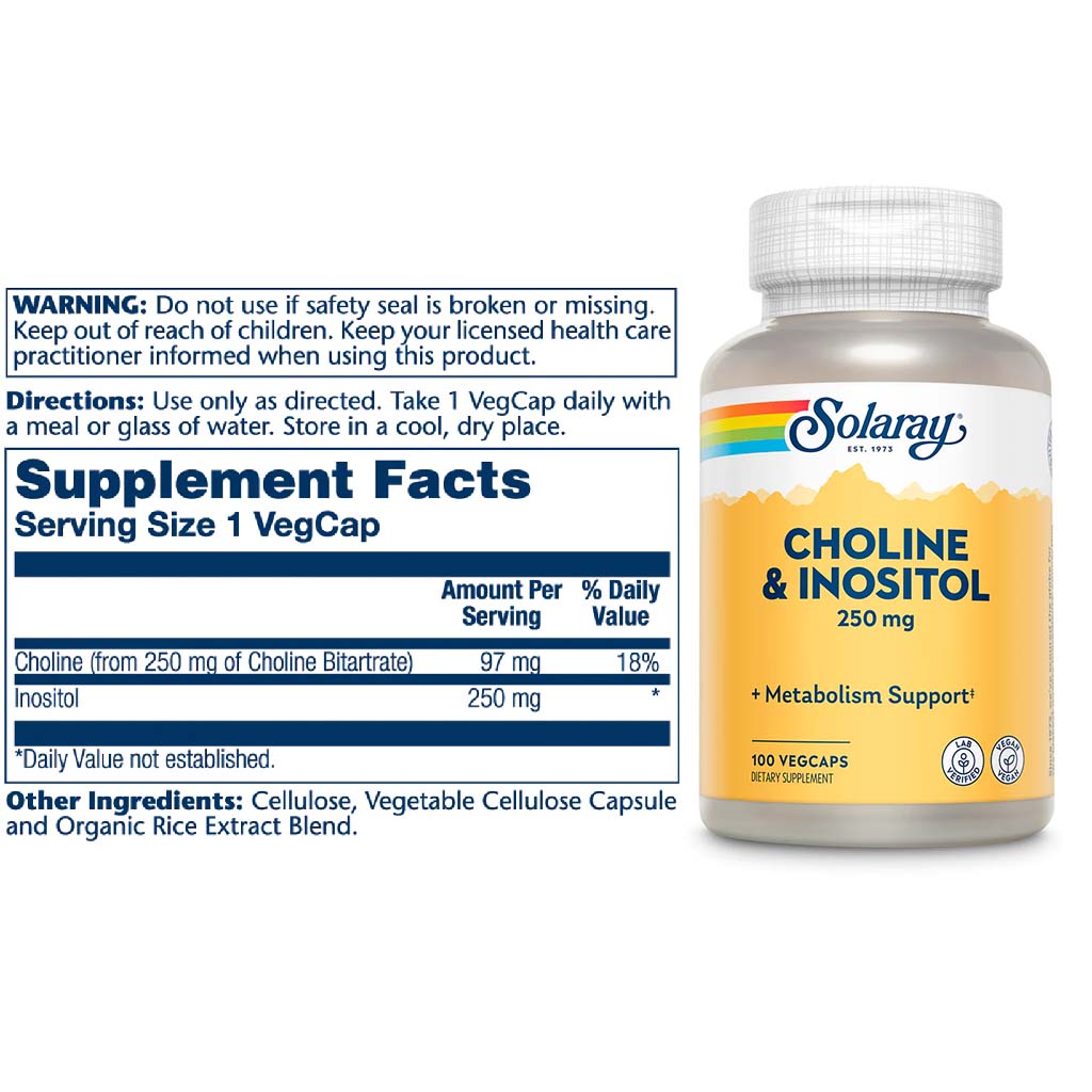 Solaray Choline & Inositol 250mg Veg Capsules To Support Metabolism, Pack of 100's - Easy Pharmacy LLC