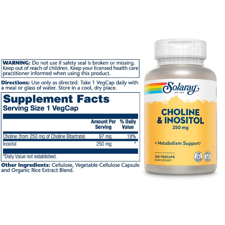 Solaray Choline & Inositol 250mg Veg Capsules To Support Metabolism, Pack of 100's - Easy Pharmacy LLC
