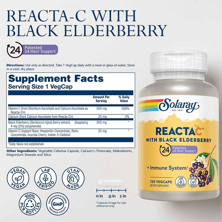Solaray Reacta C With Black Elderberry Veg Capsules For Immunity Support, Pack of 120's - Easy Pharmacy LLC