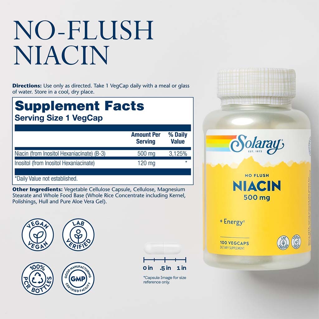 Solaray Niacin No Flush 500mg Veg Capsules For Energy Support, Pack of 100's - Easy Pharmacy LLC