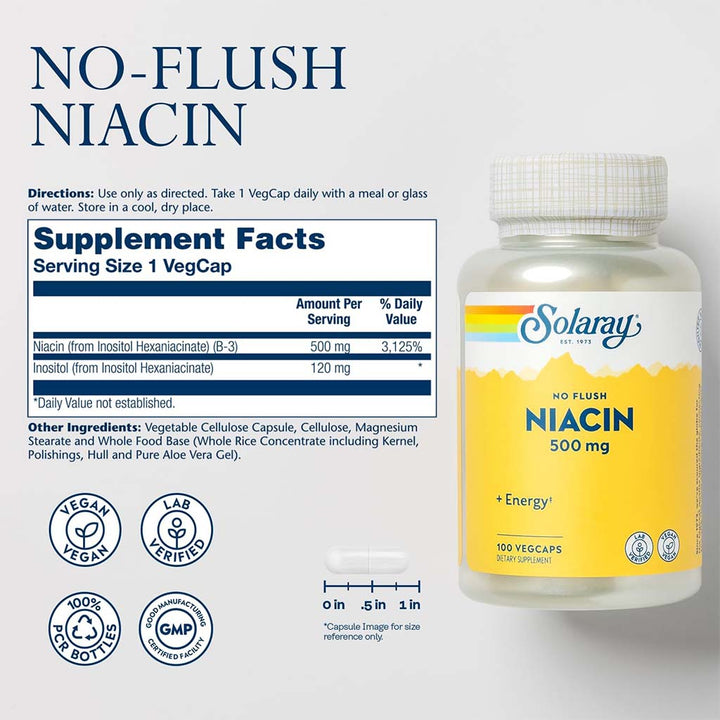 Solaray Niacin No Flush 500mg Veg Capsules For Energy Support, Pack of 100's - Easy Pharmacy LLC