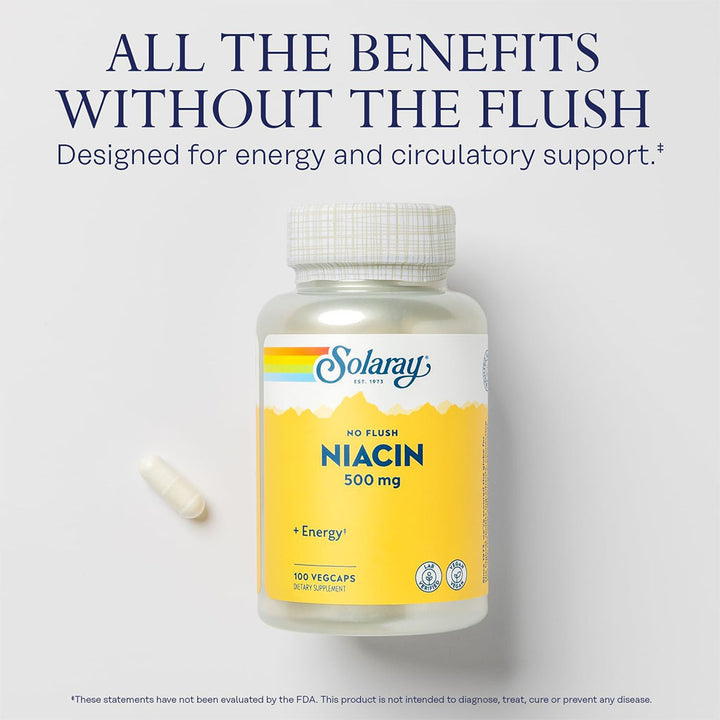 Solaray Niacin No Flush 500mg Veg Capsules For Energy Support, Pack of 100's - Easy Pharmacy LLC