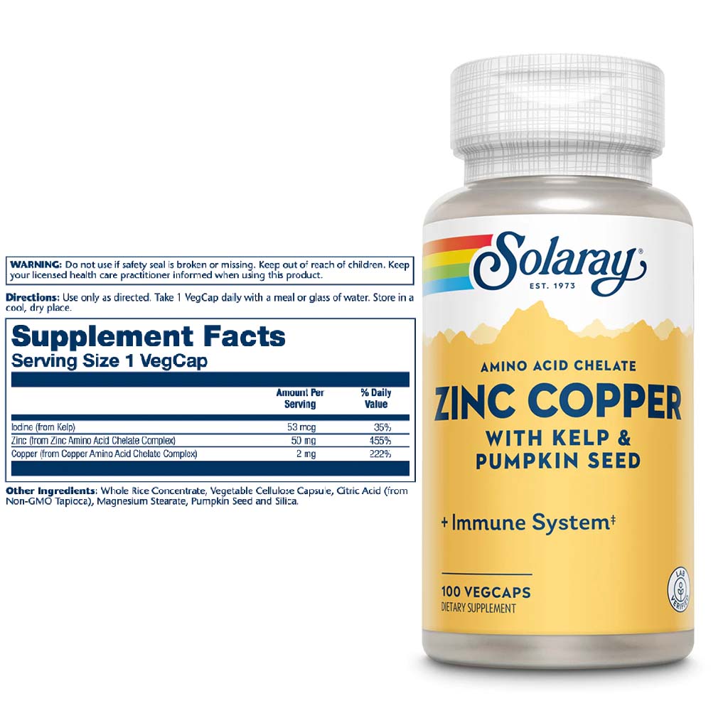 Solaray Amino Acid Chelate Zinc Copper Veg Capsules With Kelp & Pumpkin Seed For Healthy Immune System, Pack of 100's - Easy Pharmacy LLC