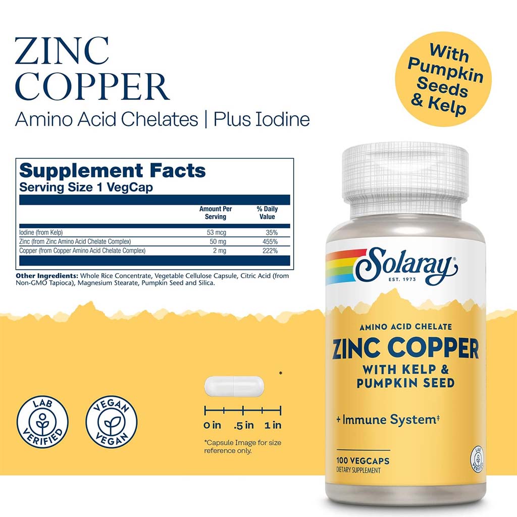 Solaray Amino Acid Chelate Zinc Copper Veg Capsules With Kelp & Pumpkin Seed For Healthy Immune System, Pack of 100's - Easy Pharmacy LLC