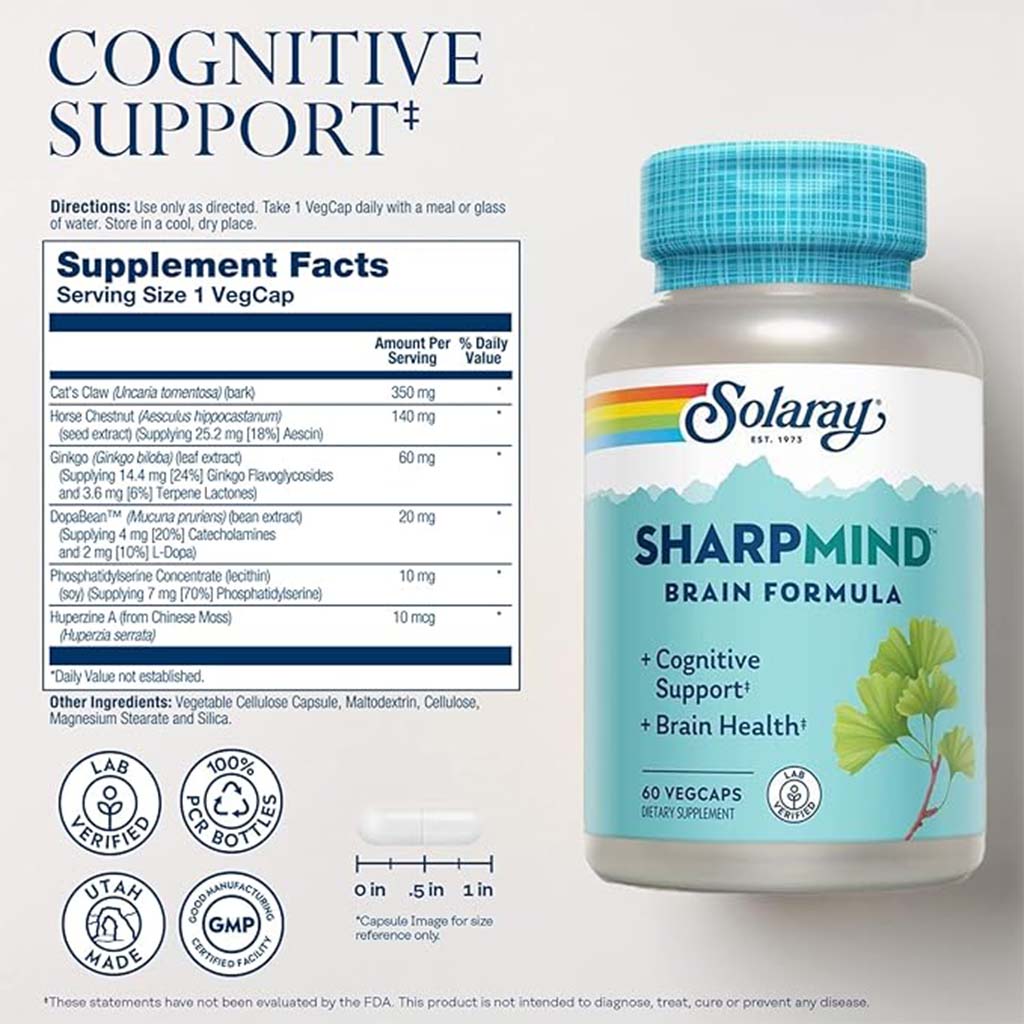 Solaray Sharpmind Brain Formula Vegetarian Capsules For Cognitive Support & Brain Health, Pack of 60's - Easy Pharmacy LLC