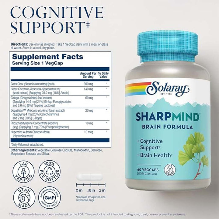 Solaray Sharpmind Brain Formula Vegetarian Capsules For Cognitive Support & Brain Health, Pack of 60's - Easy Pharmacy LLC
