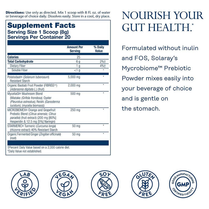 Solaray Microbiome Prebiotic Powder For Digestive Health & Healthy Gut Barrier, Unflavored, 160g - Easy Pharmacy LLC
