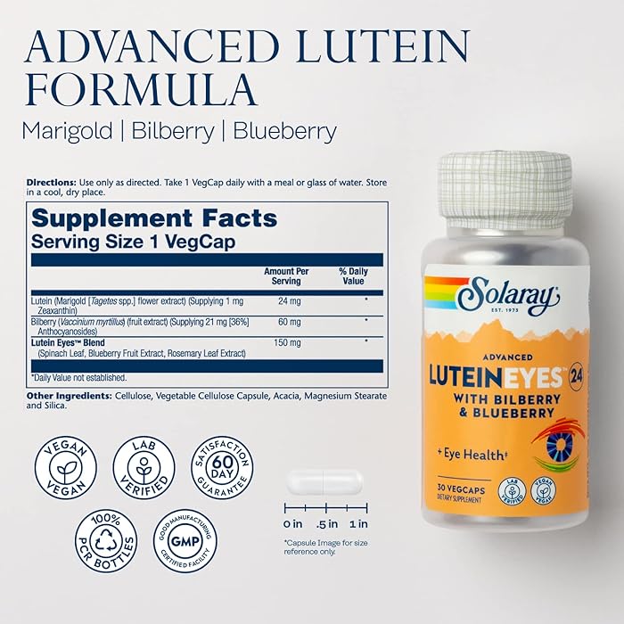 Solaray Advanced Lutein Eyes 24mg Vegetarian Capsules With Marigold, Bilberry & Blueberry For Eye Health, Pack of 30's - Easy Pharmacy LLC