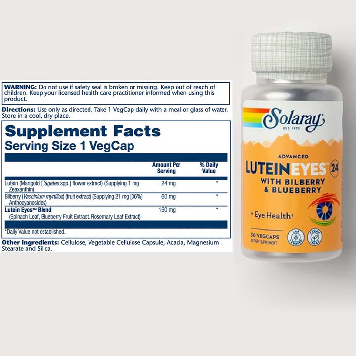 Solaray Advanced Lutein Eyes 24mg Vegetarian Capsules With Marigold, Bilberry & Blueberry For Eye Health, Pack of 30's - Easy Pharmacy LLC