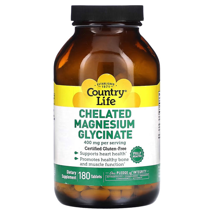 Country Life 400mg Chelated Magnesium Glycinate Tablets For Bone & Muscle Health, Pack of 180's - Easy Pharmacy LLC