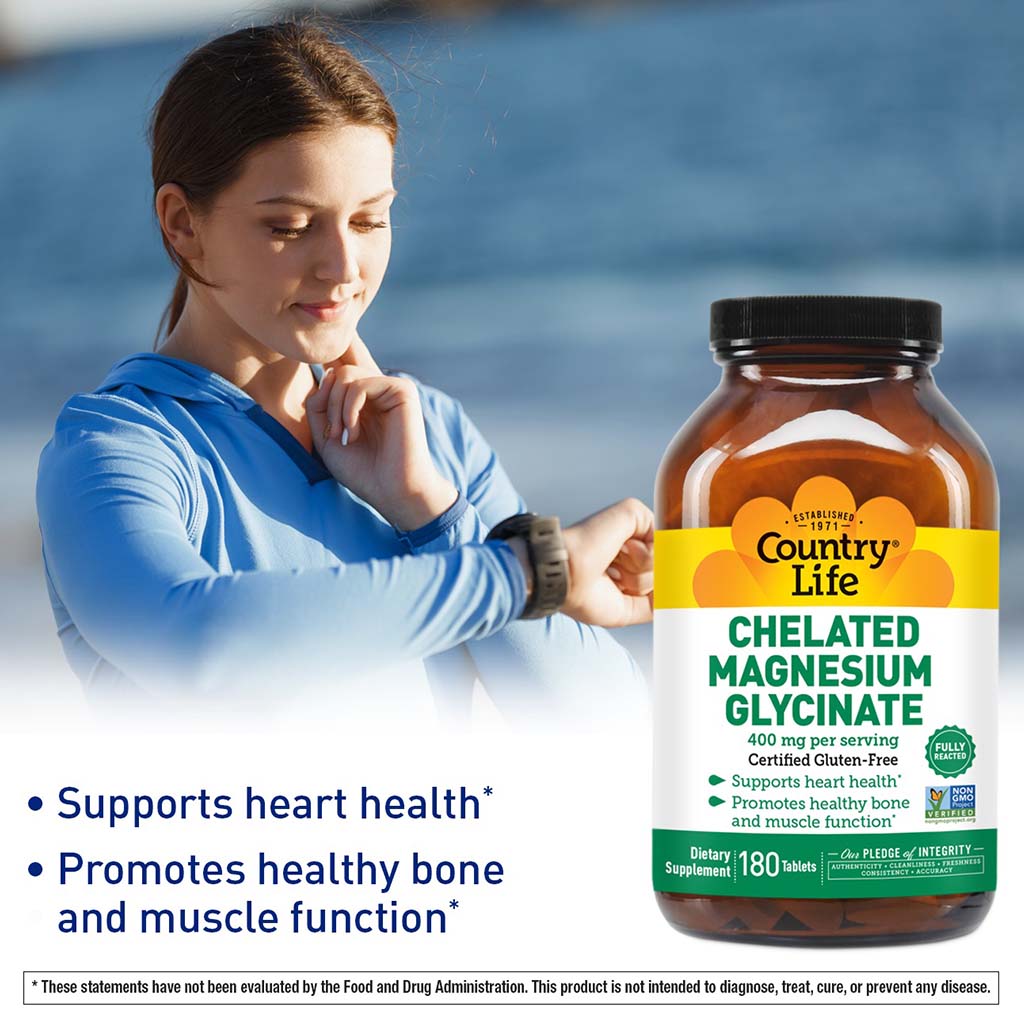 Country Life 400mg Chelated Magnesium Glycinate Tablets For Bone & Muscle Health, Pack of 180's - Easy Pharmacy LLC