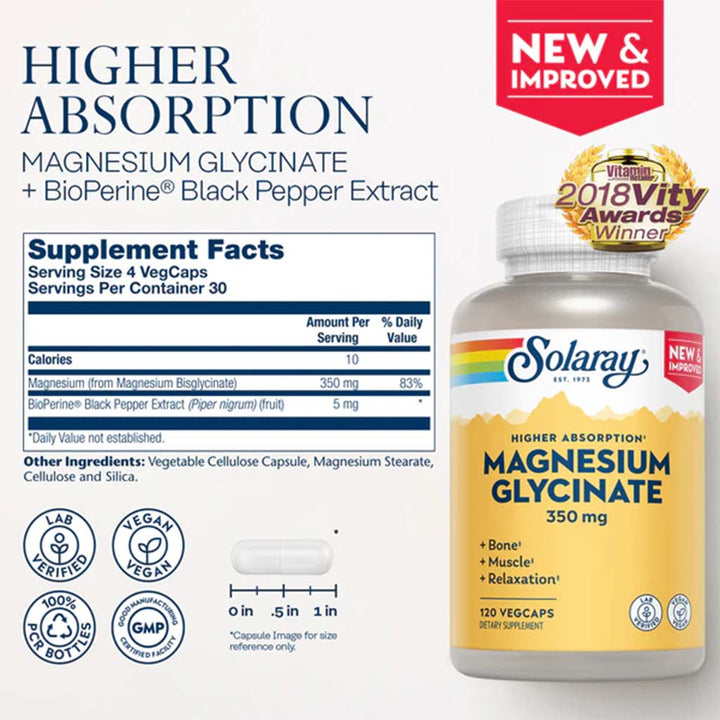 Solaray 350mg Magnesium Glycinate Vegetarian Capsules For Healthy Bones & Muscles , Pack of 120's - Easy Pharmacy LLC