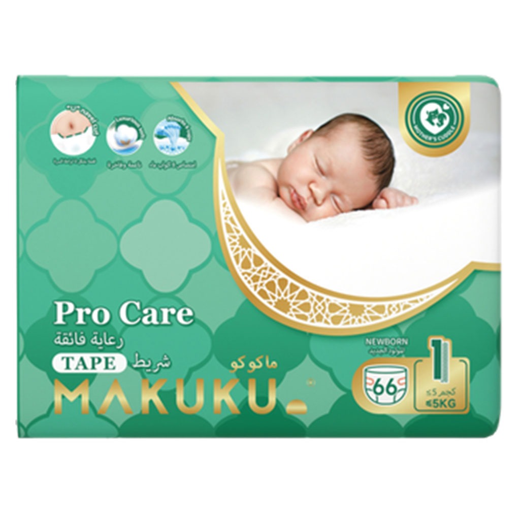 Makuku Pro Care Premium Tape Newborn Diapers, Size 1, For Up To 5Kg, Pack of 66’s - Easy Pharmacy LLC