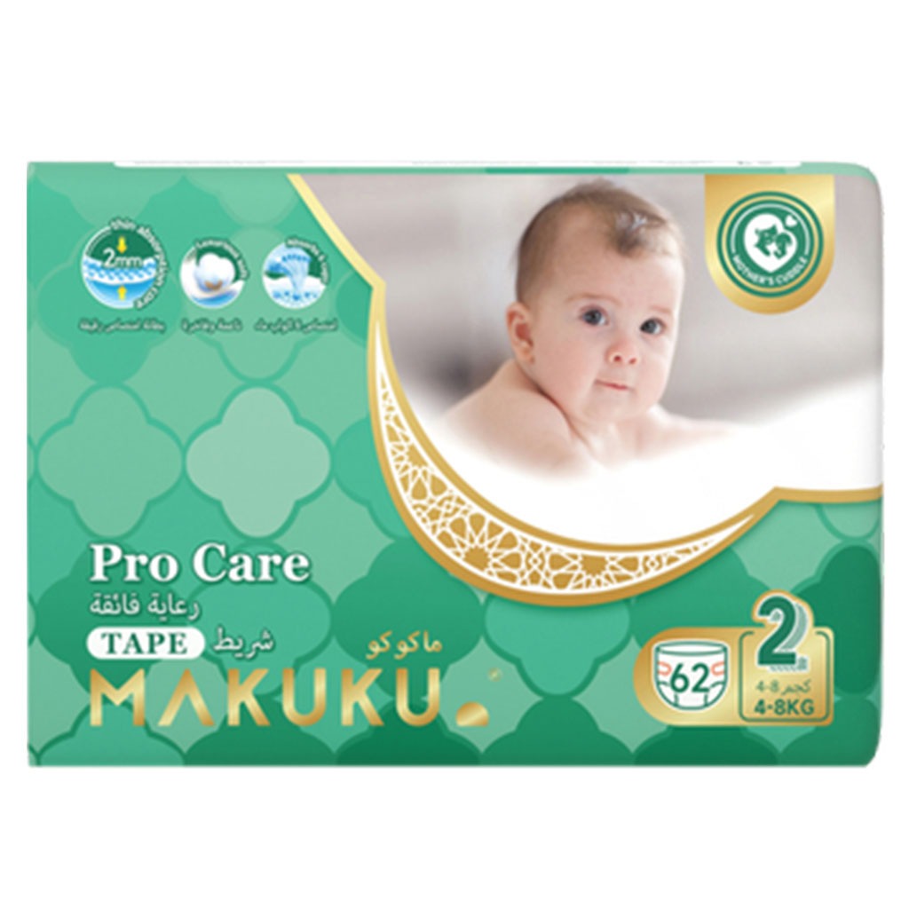 Makuku Pro Care Premium Tape Baby Diapers, Size 2, Small For 4 To 8Kg, Pack of 62’s - Easy Pharmacy LLC